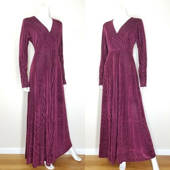 Velvet Burnout Striped Dress Plus Size Burgundy Empire Waist Maxi Cocktail Dress - Picture 7 of 12